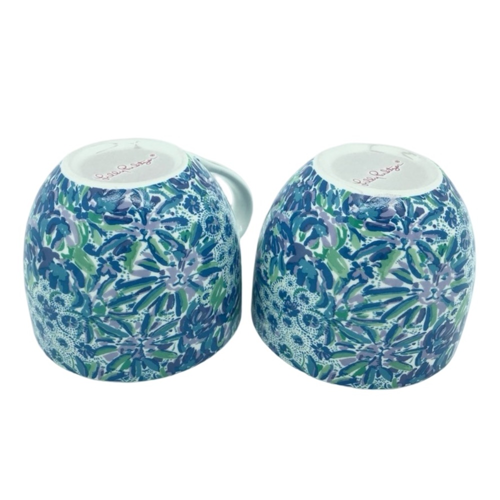 Set of 2 Lilly Pulitzer Mug Cup 12 Oz Floral Blue Gold Handle Hidden Lion - Picture 8 of 11